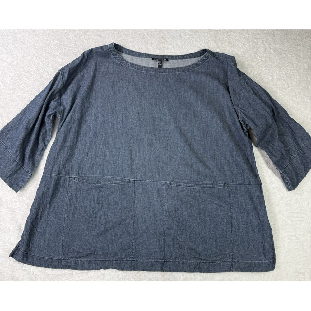 Eileen‎ Fisher Airy Twill Shirt Medium Bateau Boxy Top Organic Cotton Pockets